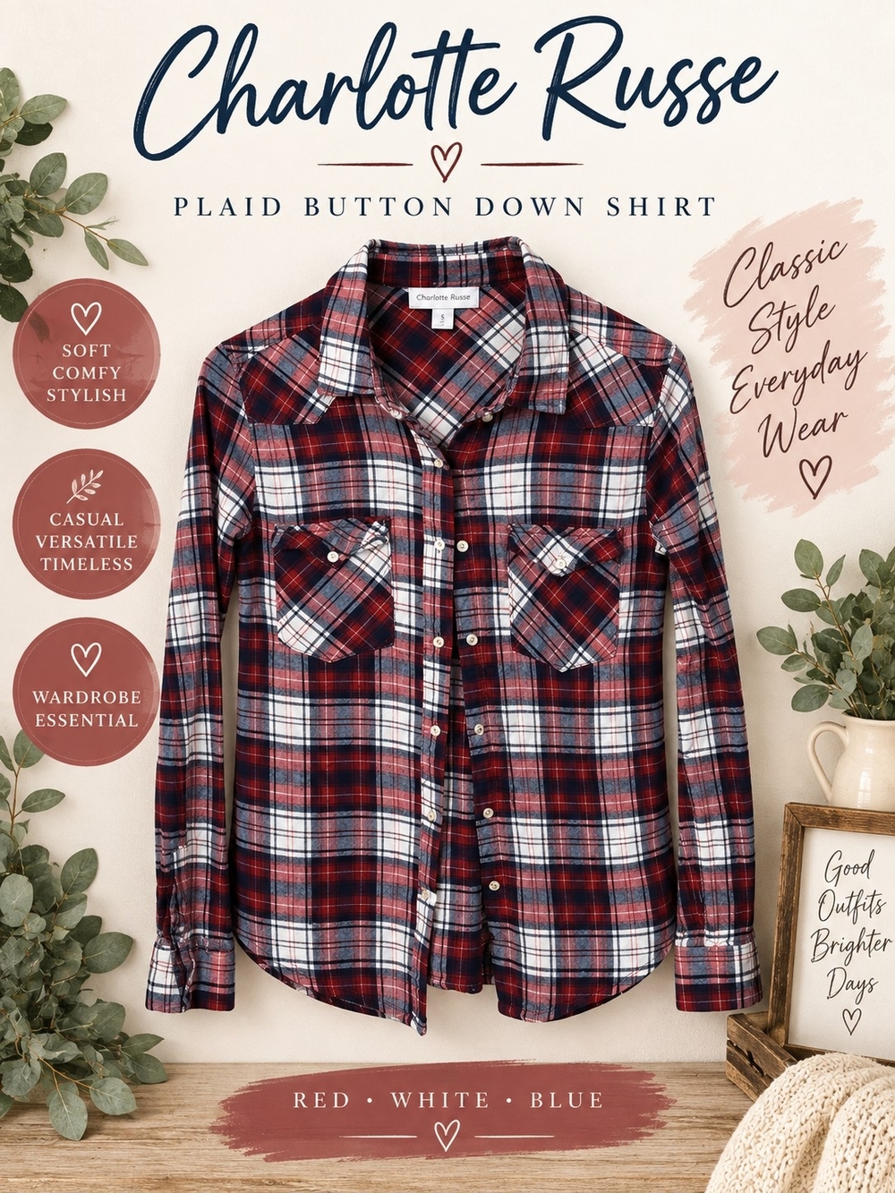 Charlotte Russe Red, White & Blue Plaid Button-Down Shirt